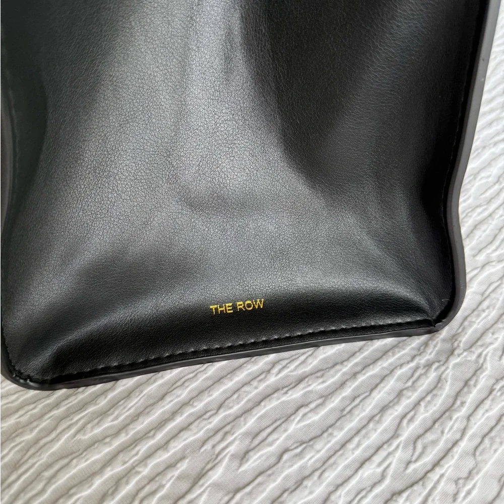 The Row Margaux Inspired Black Leather Drawstring Pouch with Gold Accents - Picture 6 of 14
